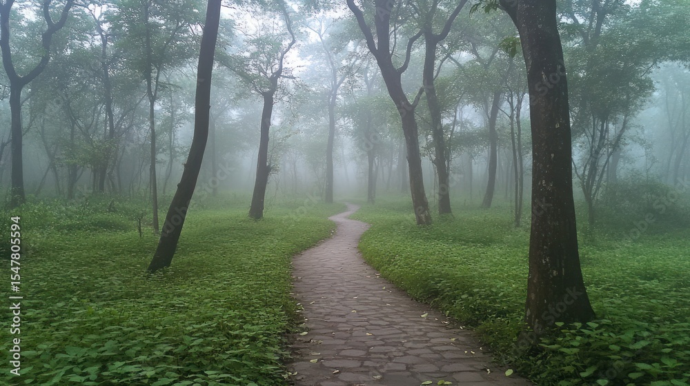 Obraz premium Misty forest path winding through lush greenery
