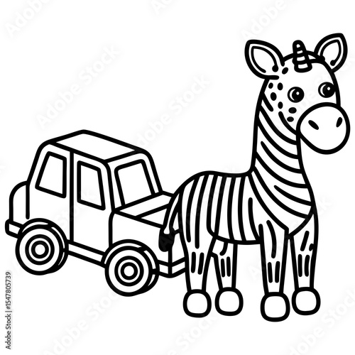 Cartoon zebra toy with car isolated on white background