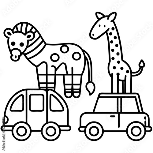 Cartoon giraffe and zebra toy with cars isolated on white background