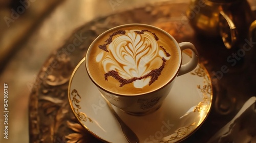 Artistic cappuccino with delicate foam design, vintage style and warm light