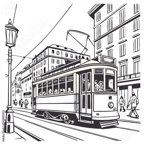 Vintage streetcar illustration traversing an urban landscape, surrounded by pedestrians and historic buildings, capturing the essence of city life and public transportation