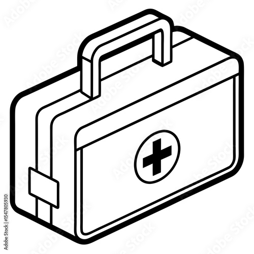 Isometric first aid kit with round cross symbol isolated on white