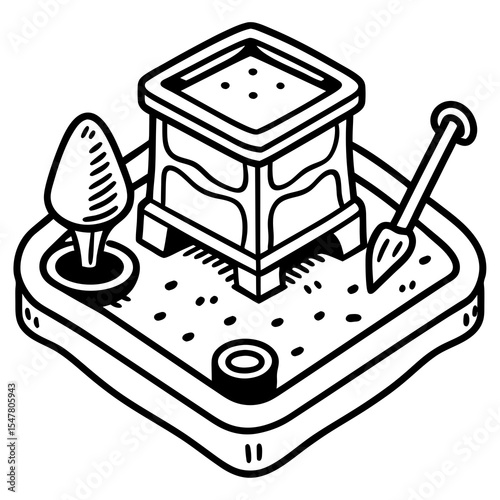 Isometric sandbox with tree and shovel isolated on white background
