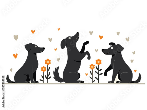 Playful Pup Pals: Three charming black dogs frolic in a whimsical, illustrated scene. The middle pup stands on its hind legs, while the others sit and observe a lively garden.