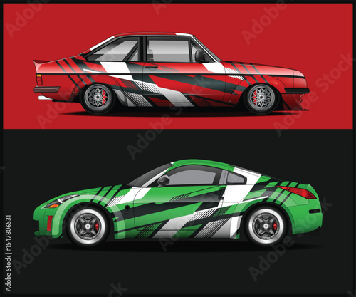 Two Cars with Geometric Wraps Red Classic and Green Modern Sportscar