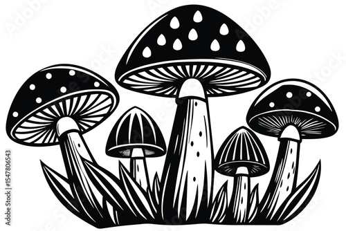 Enchanted Forest A Cluster of Mystical Mushrooms in Monochrome Ink Illustration