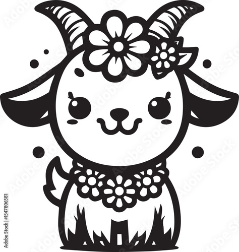 Adorable Goat Kid Cartoon Design Flower Crown Cute Animal Illustration Perfect for Children's Books and Greeting Cards