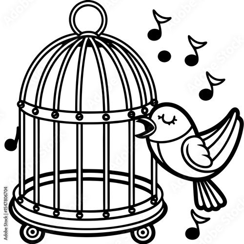 Bird singing next to a cage isolated on white background