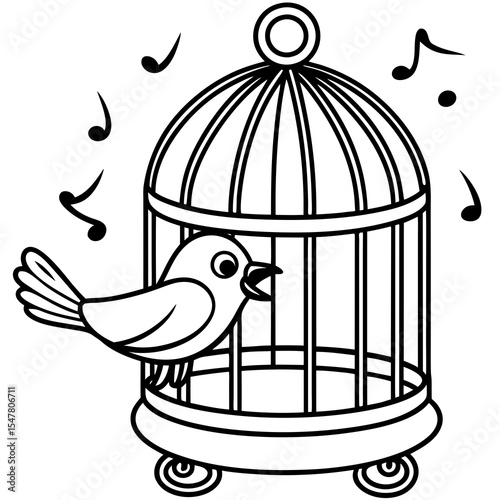 Bird singing inside a cage isolated on white background