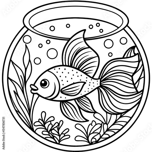 Goldfish swims in a round fishbowl with plants and bubbles