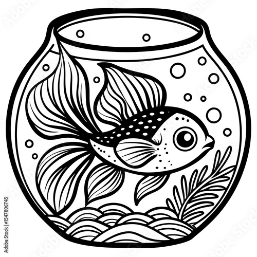 Goldfish swims in a fishbowl with plants and wavy water