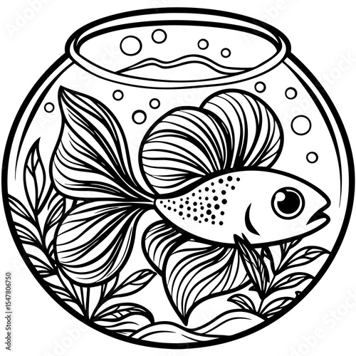 Goldfish swims in a fishbowl with plants and wavy water