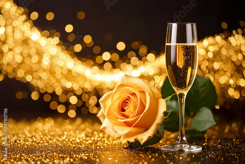 黄色い薔薇とシャンパン高級感ある黒い背景