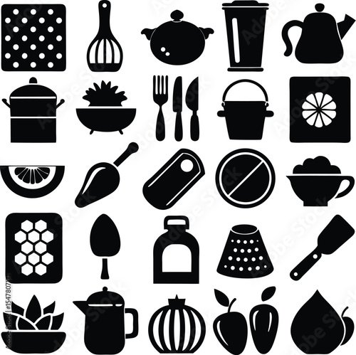 A vector set of cooking and restaurant kitchen utensil icons including coffee cups, teapots, spoons, forks, knives, and chef symbols