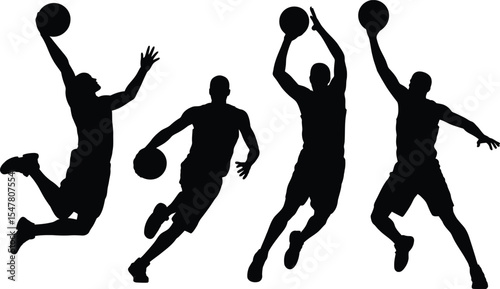 A diverse collection of basketball player silhouette vector graphics for sports themes and team logo design projects set