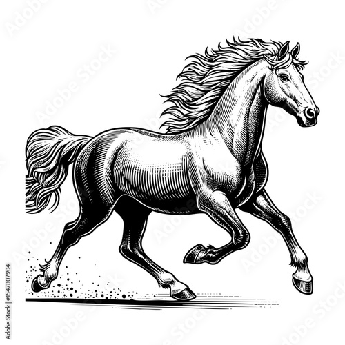 Horse running up engraving black and white outline. Scratch board imitation.  illustrated in vintage line art style on a white background.