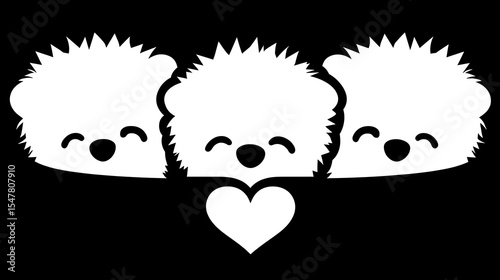 Three happy stylized hedgehogs with a heart shared together as a symbol