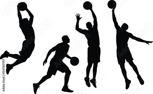 A diverse collection of basketball player silhouette vector graphics for sports themes and team logo design projects set