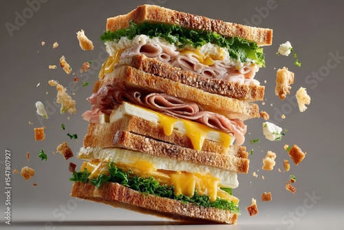 A stack of delicious sandwiches with layers of meat, cheese, and vegetables, artistically rendered with a dynamic, floating effect.