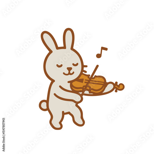 A cute bunny playing the violin with a happy expression.