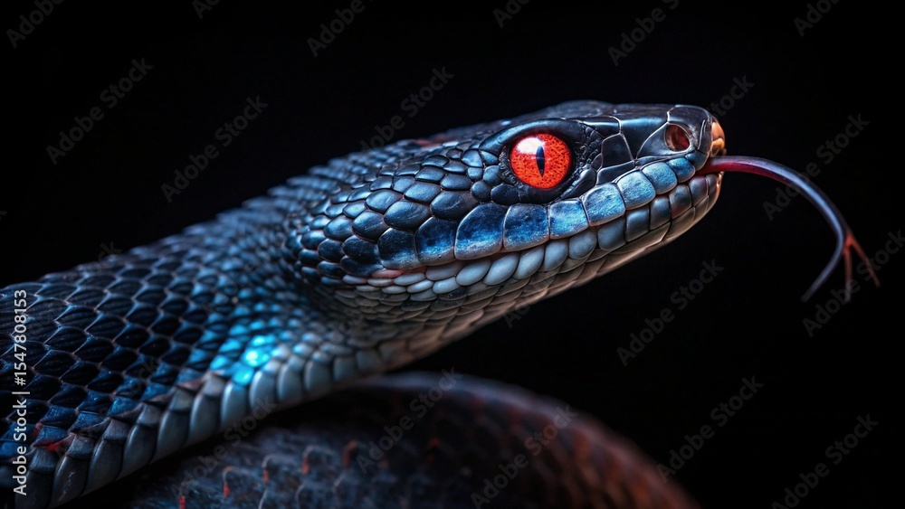Fototapeta premium Close-up of a venomous snake with vibrant red eyes, dark blue scales, and forked tongue, set against a black background.