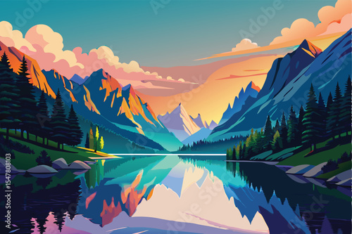 Serene Mountain Lake at Sunrise A Vibrant Landscape Illustration
