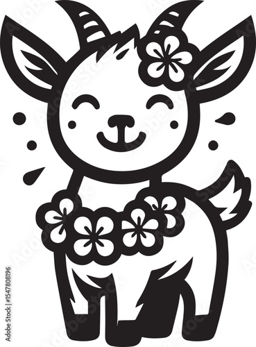 Adorable Goat Kid Cartoon Design Flower Crown Cute Animal Illustration Perfect for Children's Books and Greeting Cards