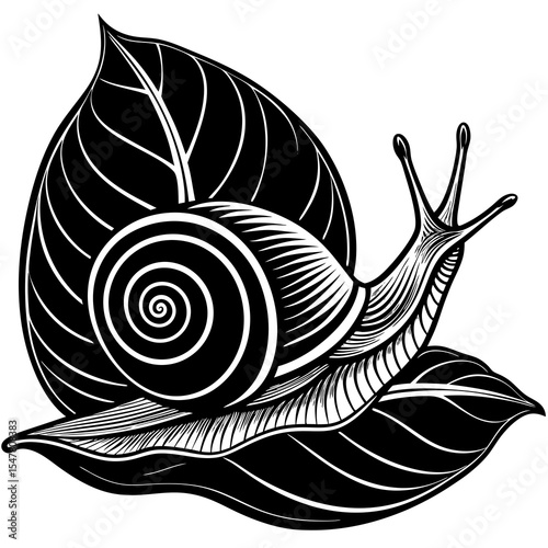 Snail crawling on a leaf isolated on white background