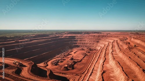 Open-cast bauxite mine with red soil under a clear sky capturing the vast landscape and extraction activity