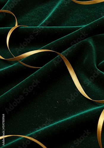 Elegant abstract Christmas background of a single golden ribbon flowing across luxurious, dark green velvet fabric, creating a sophisticated and festive mood for the holidays or luxury branding.