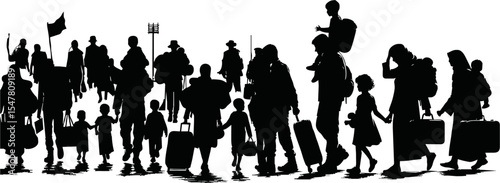 Silhouette of war refugees walking with luggage and children vector style on white background