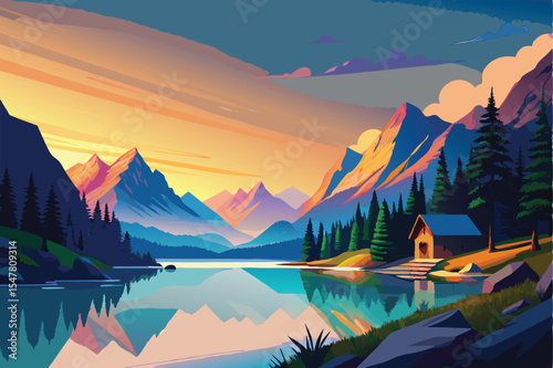 Serene Mountain Lake Sunset A Vibrant Landscape Illustration