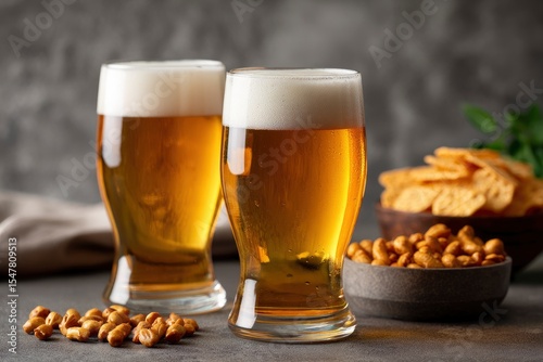 Two beer glasses stand alongside snacks nuts  chips against a blurred background