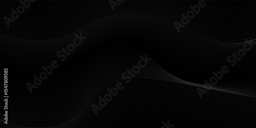 Black abstract background design. Modern wavy line pattern in monochrome colors. Premium stripe texture for banner, business backdrop. Dark horizontal vector template