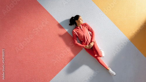 Imaginary exploration of creativity through colorful abstract shapes and relaxed poses in a modern space