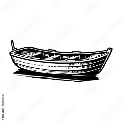 small wooden boat sketch engraving black and white outline. Scratch board imitation.