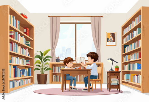 Father helping son with homework at desk in cozy library  