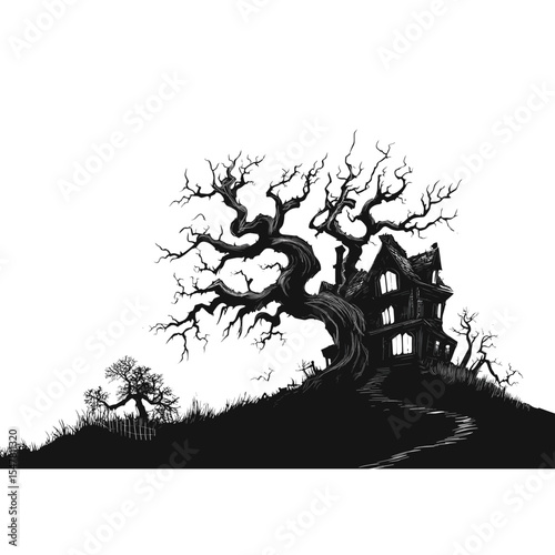 Tree and haunted manor art illustration eerie vector