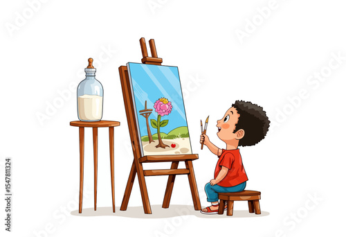 Young boy painting a flower on canvas with easel and milk bottle  