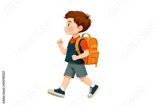 Young boy walking with backpack in casual clothes  