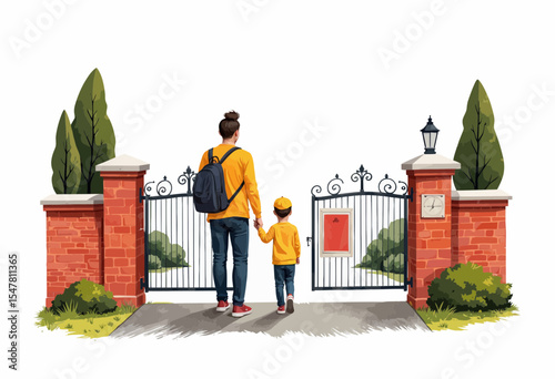Parent and child walking towards an open gate in a garden setting  