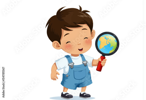 Young boy exploring the world with a magnifying glass illustration  