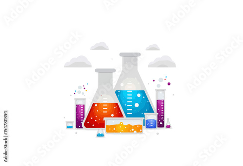 Laboratory glassware with colorful liquids and bubbles in background  