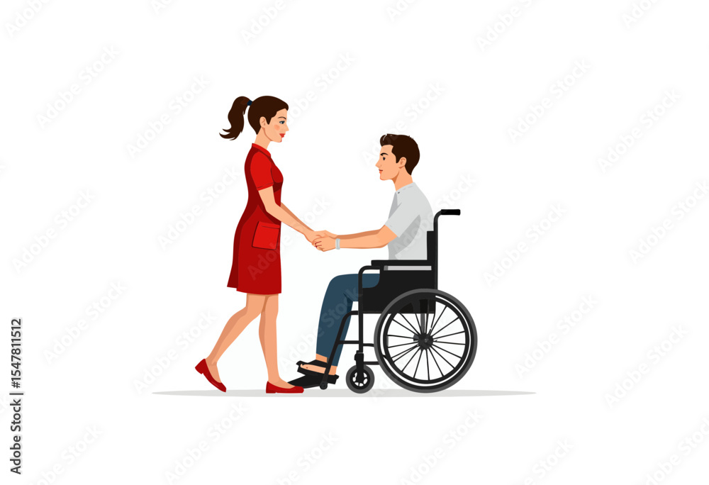 Young woman shaking hands with man in wheelchair on white background Young woman shaking hands with man in wheelchair on white background