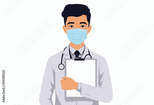 Young male doctor wearing a mask and holding a clipboard  