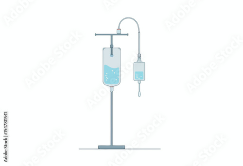 IV drip stand with saline solution and fluid bag in medical setting  