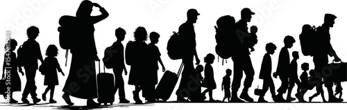 Silhouette of war refugees walking with luggage and children vector style on white background