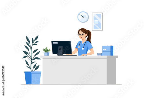 Female doctor working at reception desk in medical office  