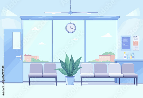 Modern waiting room with comfy seats and potted plant by windows  