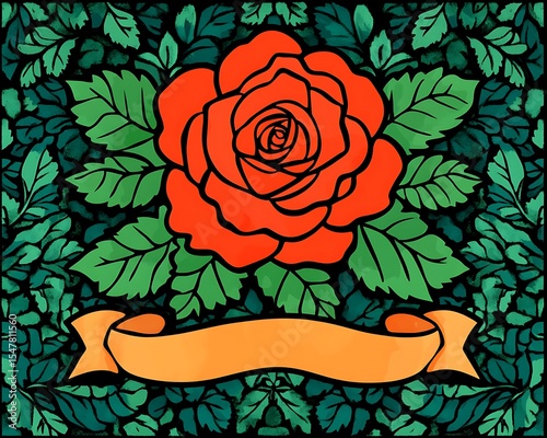 A vibrant rose and banner with leaves in a decorative design